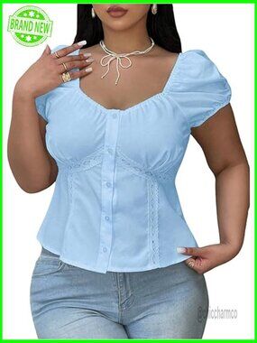 Plus Size Puff Sleeve Button Down Blouse Lace Hem Peplum Top